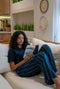 Women summer pajama set Dark Blue T-shirt + Dark Blue X Dark Green Striped Pants